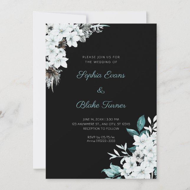 Rustic White Flowers Boho Black Wedding Invitation (Front)