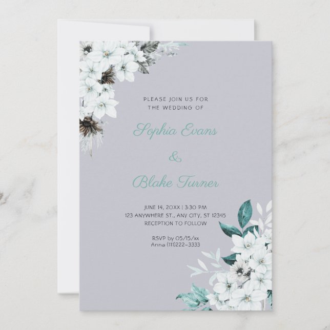 Rustic White Flowers Boho Cloud Grey Wedding Invitation (Front)