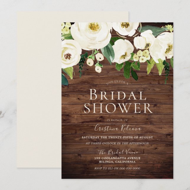 Rustic White Flowers & Cream Bridal Shower Invitation (Front/Back)
