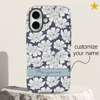 Rustic White Flowers Sketch Blue Shade Custom Name
