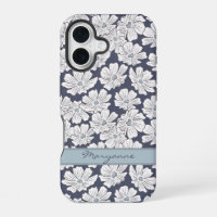 Rustic White Flowers Sketch Blue Shade Custom Name