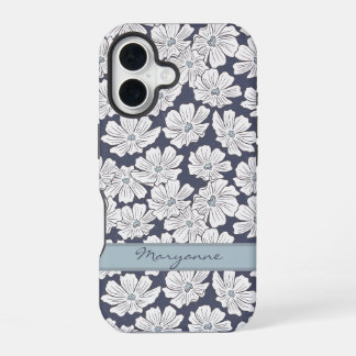Rustic White Flowers Sketch Blue Shade Custom Name iPhone 16 Case