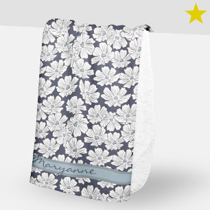Rustic White Flowers Sketch Blue Shade Custom Name Sherpa Blanket
