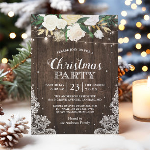 Rustic White Flowers String Lights Christmas Party Invitation