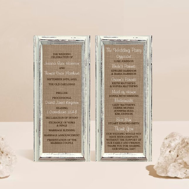 Rustic White Frame & Burlap Wedding Program Rack Card (Creator Uploaded)