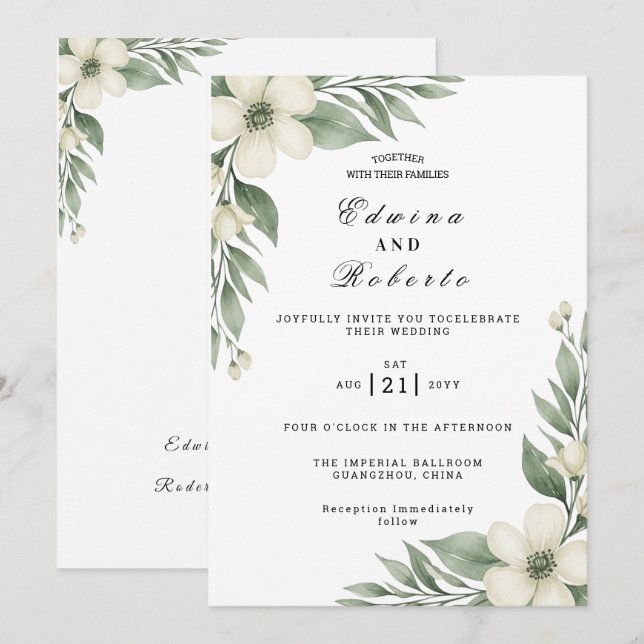 Rustic White Gardenia and Eucalyptus Wedding Invitation (Front/Back)