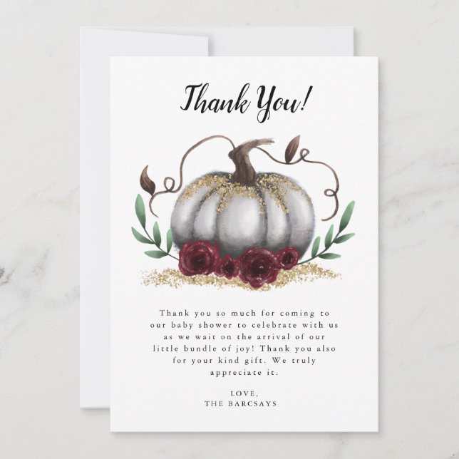 Rustic White Gold Little Pumpkin Baby Shower Thank You Card (Front)