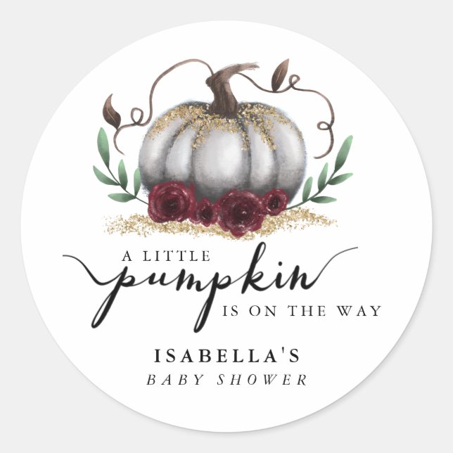Rustic White Gold Pumpkin Baby Shower Favour Classic Round Sticker (Front)