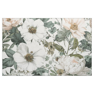 Rustic White Green Botanical Vintage Boho Floral Fabric