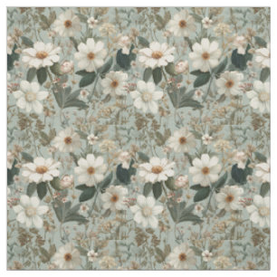 Rustic White Green Botanical Vintage Boho Floral Fabric