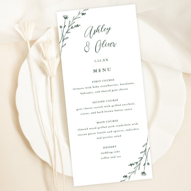 Rustic White & Green Botanical Wedding Menu Card (Creator Uploaded)