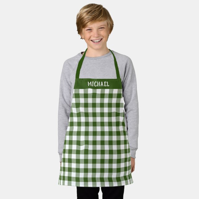 Rustic White Green Buffalo Plaid Pattern Custom Apron (Worn)