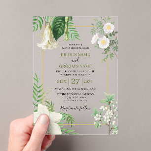Rustic White Green Watercolor Floral Gold Wedding Acrylic Invitations