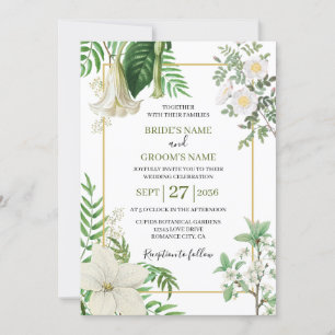 Rustic White Green Watercolor Floral Gold Wedding  Invitation