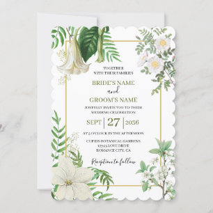 Rustic White Green Watercolor Floral Gold Wedding  Invitation