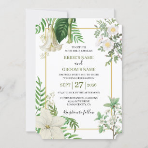 Rustic White Green Watercolor Floral Gold Wedding Invitation