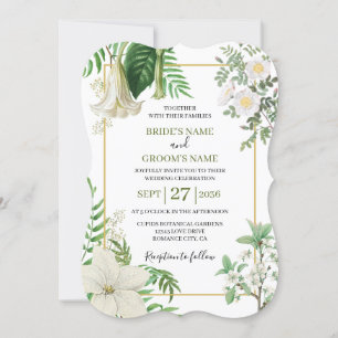 Rustic White Green Watercolor Floral Gold Wedding Invitation