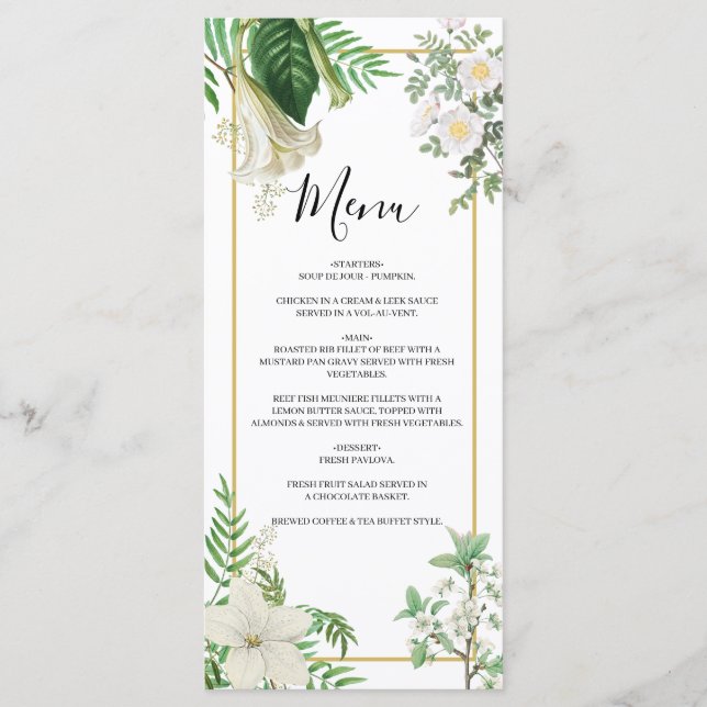 Rustic White Green Watercolor Floral Gold Wedding Menu (Front)