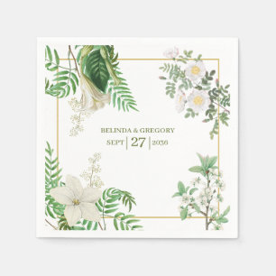 Rustic White Green Watercolor Floral Gold Wedding  Napkin