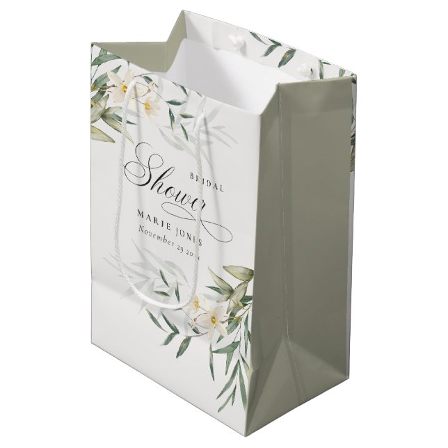 Rustic White Greenery Floral Bunch Bridal Shower Medium Gift Bag (Front Angled)