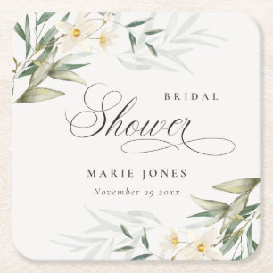 Rustic White Greenery Floral Bunch Bridal Shower Square Paper Coaster