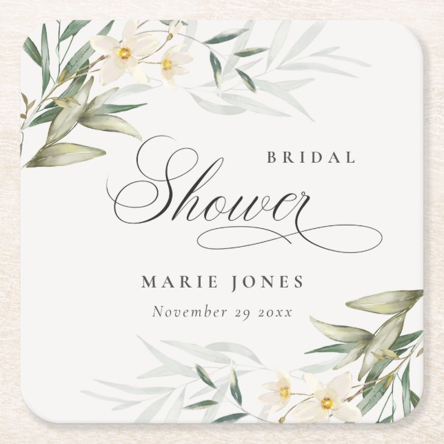 Rustic White Greenery Floral Bunch Bridal Shower Square Paper Coaster (Front)