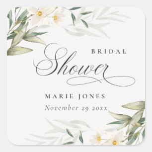 Rustic White Greenery Floral Bunch Bridal Shower Square Sticker