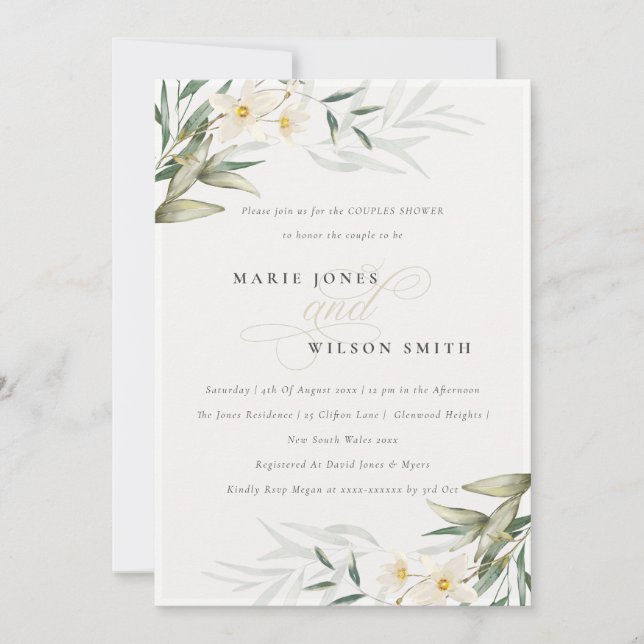 Rustic White Greenery Floral Couples Shower Invite (Front)