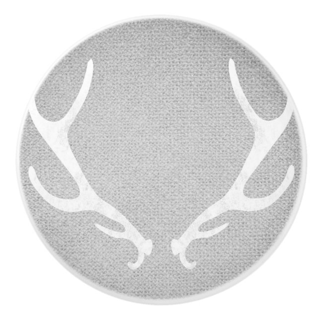 Rustic White & Grey Deer Antlers Burlap Country Ceramic Knob (Front)