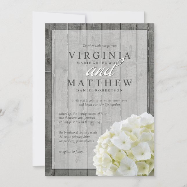 RUSTIC WHITE HYDRANGEAS WEDDING INVITATION (Front)