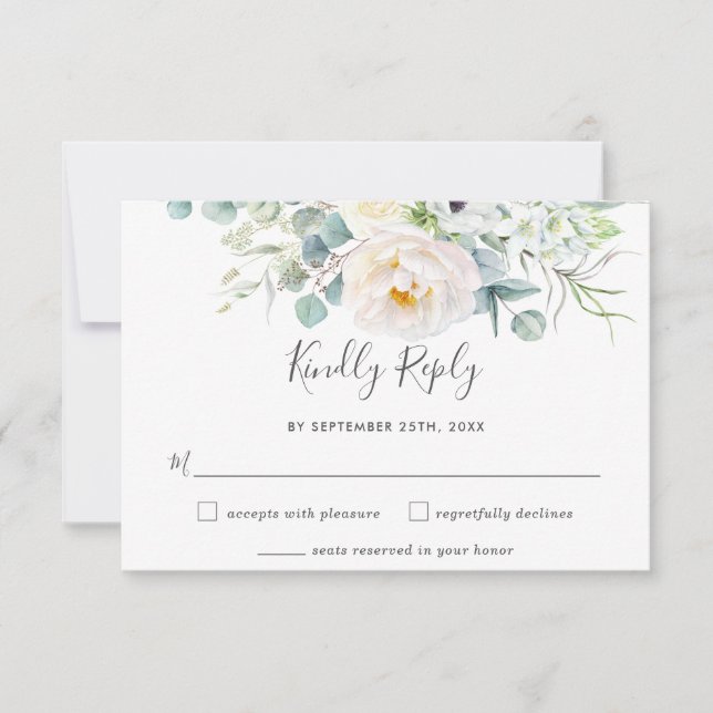 Rustic White Ivory Peony Floral Greenery Wedding  RSVP Card (Front)