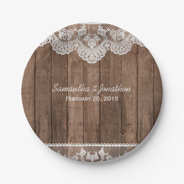 Rustic White Lace and Wood Wedding Paper Plate (Front)