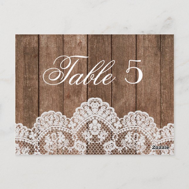 Rustic White Lace and Wood Wedding Table Number Postcard (Back)
