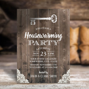 Rustic White Lace Antique Key Housewarming Party Invitation