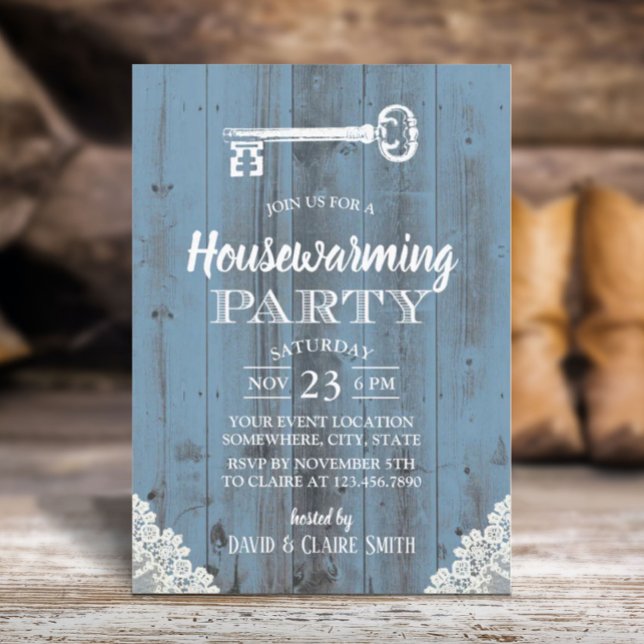Rustic White Lace Dusty Blue Housewarming Party Invitation (Creator Uploaded)