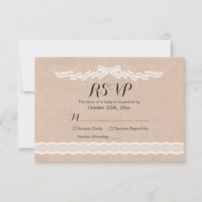 Rustic White Lace  Linen Wedding RSVP Reply Card (Front)