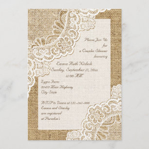 Rustic white lace on burlap wedding couples shower invitation