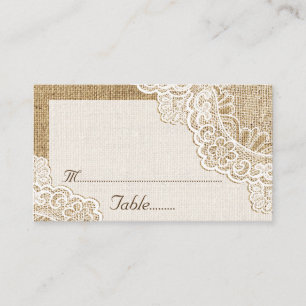 Rustic white lace on burlap wedding place card