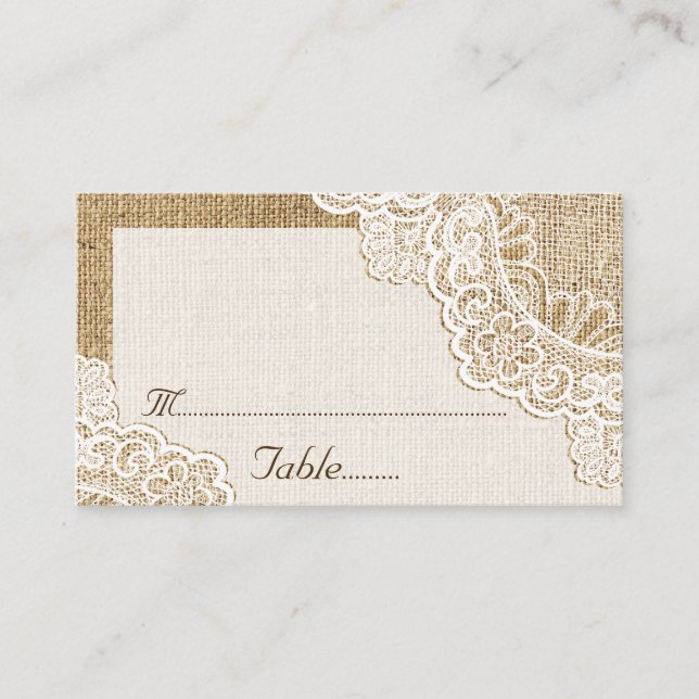 Rustic white lace on burlap wedding place card (Front)
