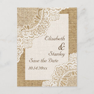 Rustic white lace on burlap wedding Save the Date Announcement Postcard