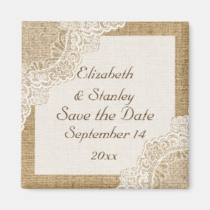 Rustic white lace on burlap wedding Save the Date Magnet