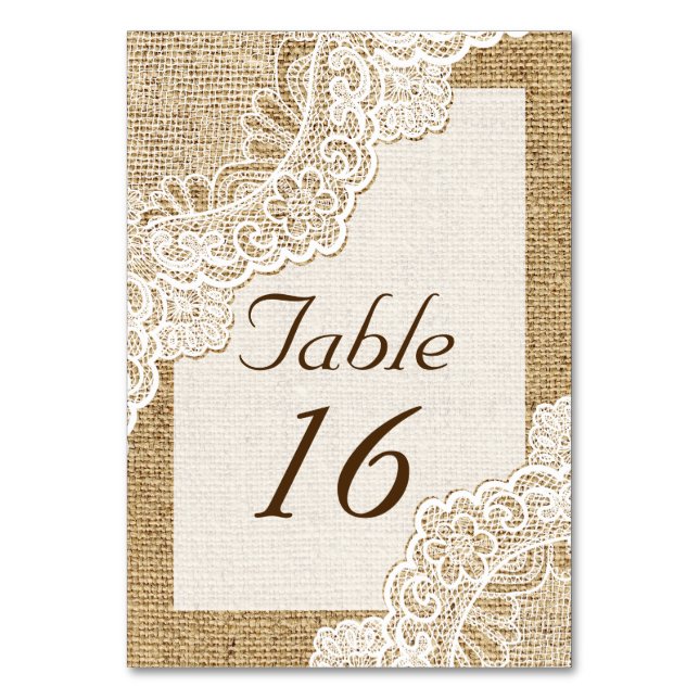 Rustic white lace on burlap wedding table number (Front)