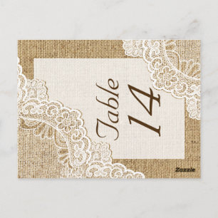 Rustic white lace on burlap wedding table number postcard