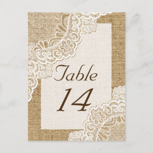Rustic white lace on burlap wedding table number postcard