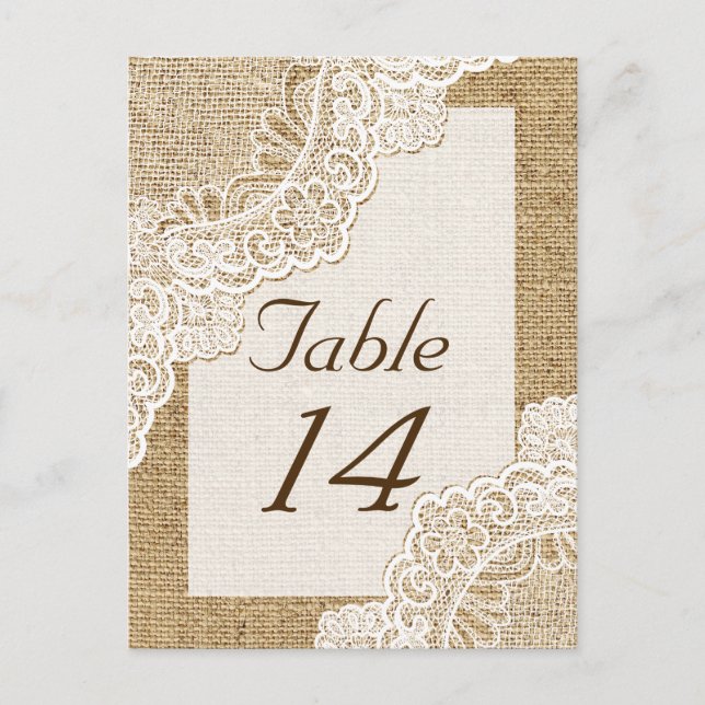 Rustic white lace on burlap wedding table number postcard (Front)
