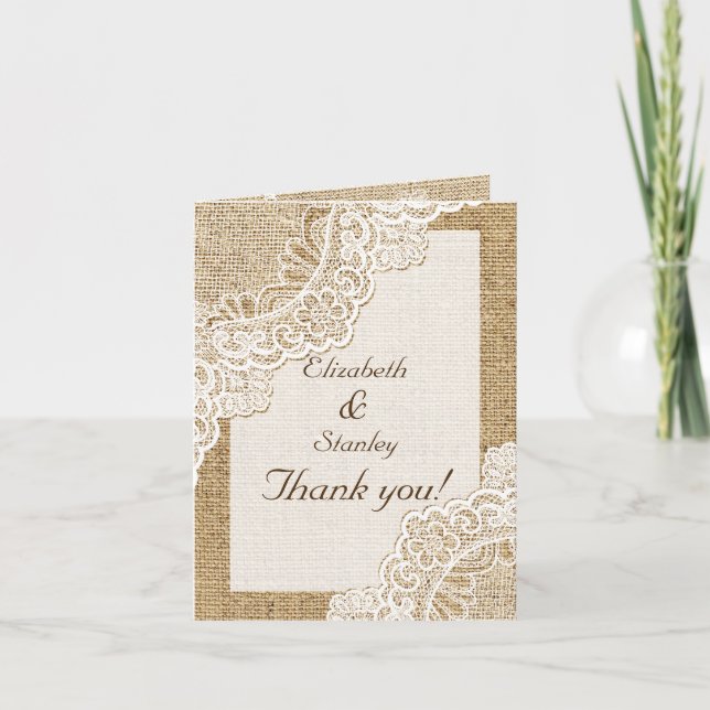 Rustic white lace on burlap wedding Thank You Card (Front)