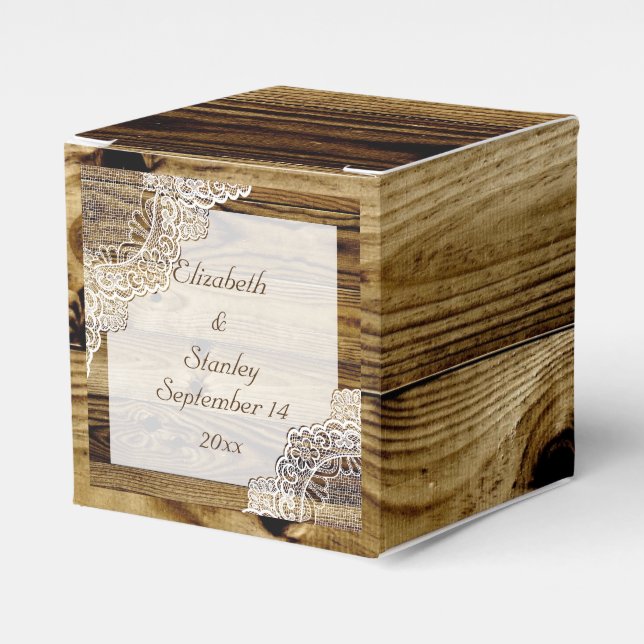 Rustic white lace on wood rustic wedding favour box (Front Side)