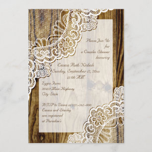 Rustic white lace on wood wedding couples shower invitation