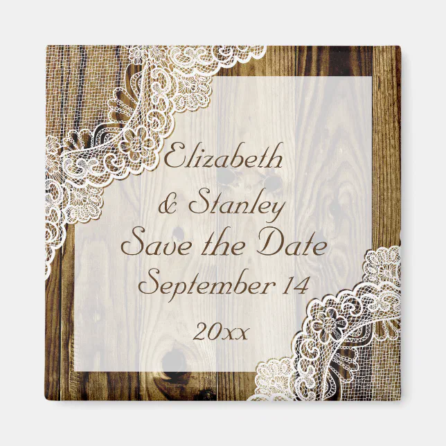 Rustic white lace on wood wedding Save the Date Magnet | Zazzle
