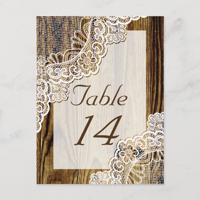 Rustic white lace on wood wedding table number postcard (Front)